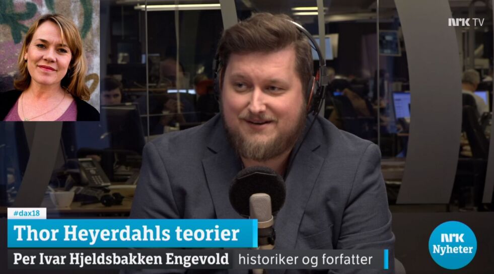 Per Ivar Engevold debatterte Heyerdahl-boka si på Dagsnytt 18 i forrige uke. Innfelt til venstre: forlagssjef Bente Pihlstrøm.