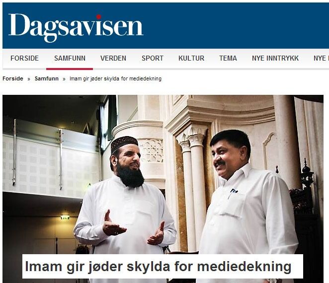 Imam Nehmat Al Shah (til venstre) og styreleder Ghulam Sarwar (til høyre) i Central Jamaat-e Ahl-e Sunnat-moskeen med konspirasjonsteorier om hvorfor medier skriver negativt om islam. Faksimile fra Dagsavisen.
