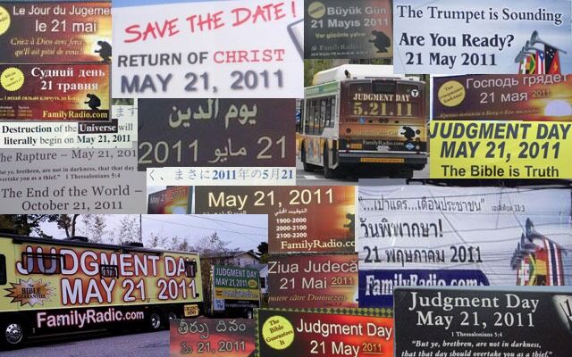 Det henger plakater over hele verden som varsler at dommedag innledes den 21. mai 2011. Etter den dagen er det for sent å vende om.
 Foto: Collage: Even Gran