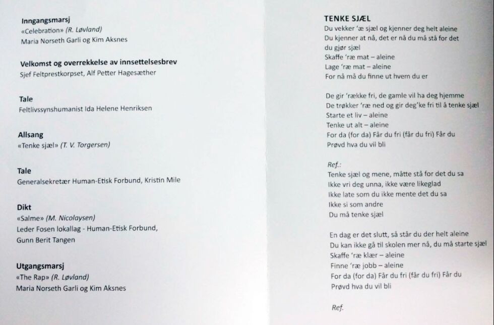 Programmet bød på både musikk, taler, sang, og ikke minst dikt. Les diktet «Salme» av Marit Nicolaysen i faktaboksen under.