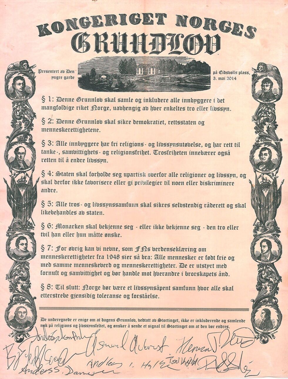 HUs forslag til ny grunnlov for Norge har åtte paragrafer om livssynslikestilling og ikke så mye mer. Den ble signert av samtlige ungdomspolitikere utenfor Stortinget på lørdag.

Se stor, lesbar versjon av bildet her.