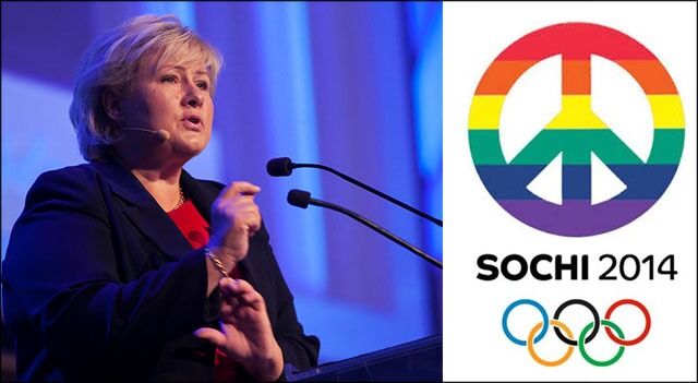 HEF krever at statsminister Erna Solberg sier fra om hva Norge mener om den begredelige situasjonen for menneskerettigheter i landet. Logoen til høyre er ikke OLs offisielle logo. Det er en "Sochi Gay Pride Logo".
 Foto: Erik Norrud/Høyre