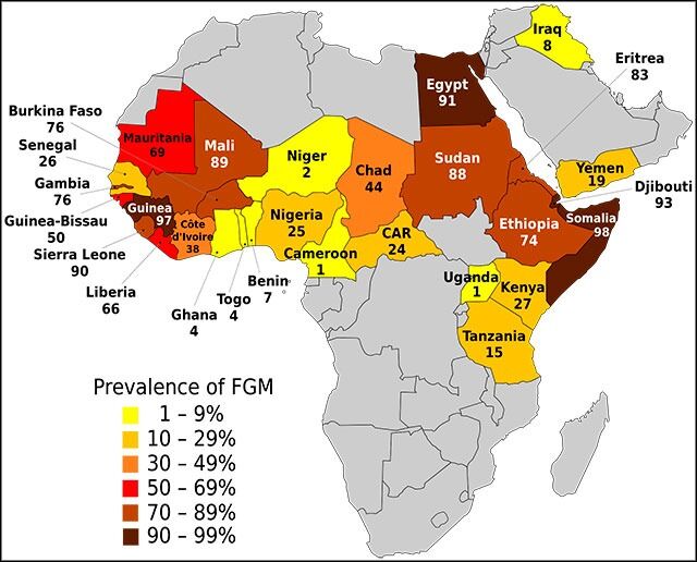 Den omtrentelige utbredelsen av kvinnelig kjønnslemlestelse, på engelsk kalt Female genital mutilation (FGM), i Afrika. Mørkere farge antyder at større andel av den kvinnelige delen av befolkninga er lemlestet. I Somalis blir 98 prosent av jentene kjønnslemlestet, i Gambia omkring 80 prosent.